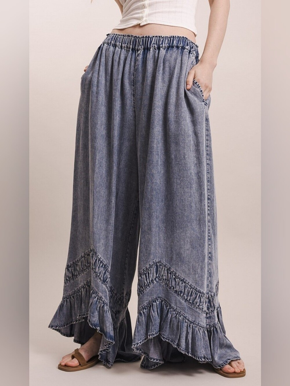 #1765 Blue Velvet Vintage Ruffle Wide-Leg Denim Pants